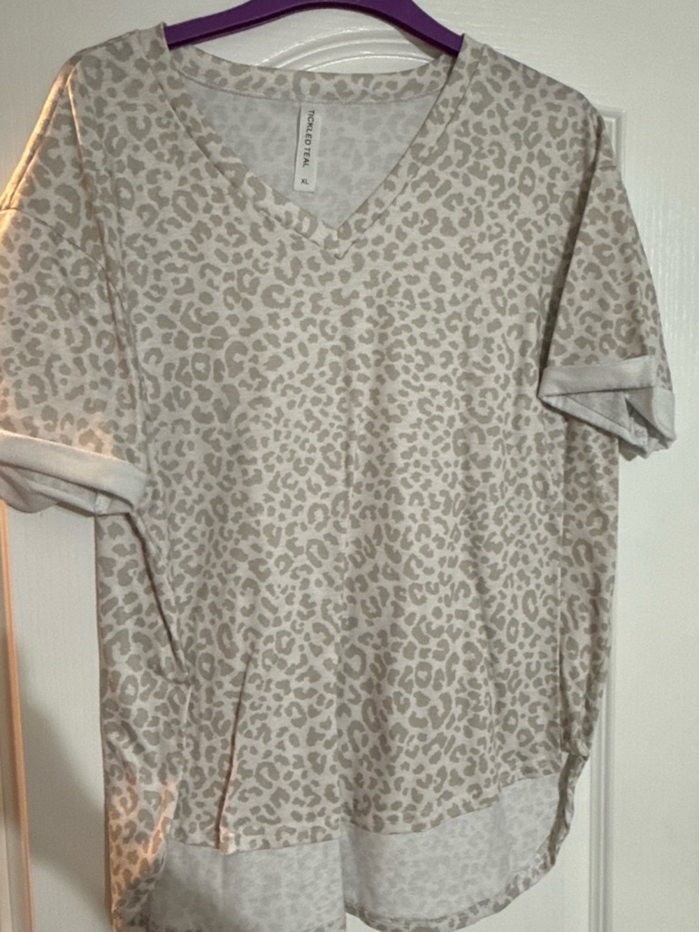Tickled Teal Neutral Beige Leopard Print V-Neck Short Sleeve Tee